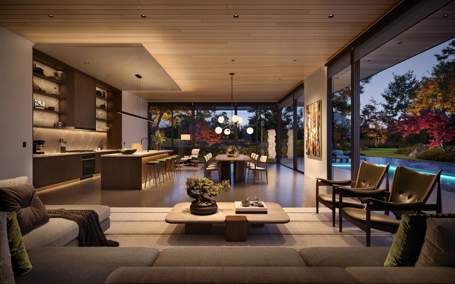 A softly illuminated great room with varying light fixtures and floor-to-ceiling windows.