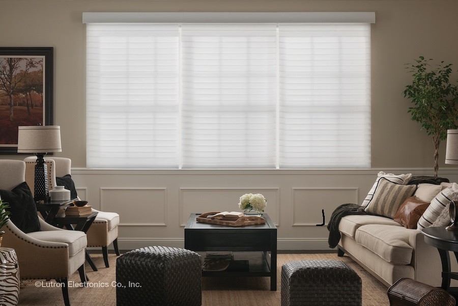 A living room shaded with Lutron motorized shades.