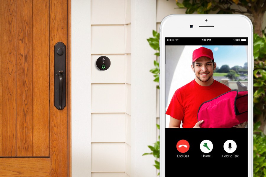 A smartphone and video doorbell featuring a two-way intercom.