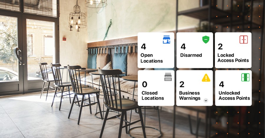 Alarm.com in-app options showing multiple access control points in a restaurant. 